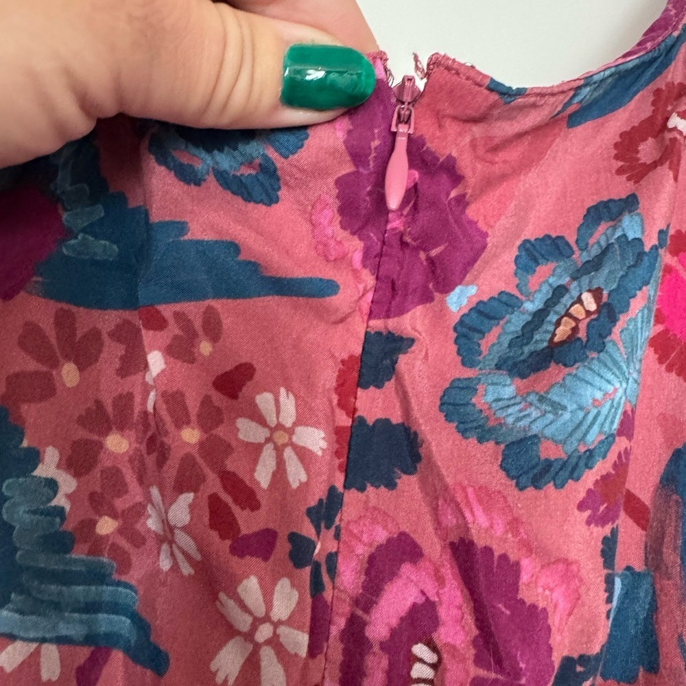 FARM RIO Birds Blush Floral Puff Sleeve Belted Cotton Blend Dress Size XL - Picture 8 of 8